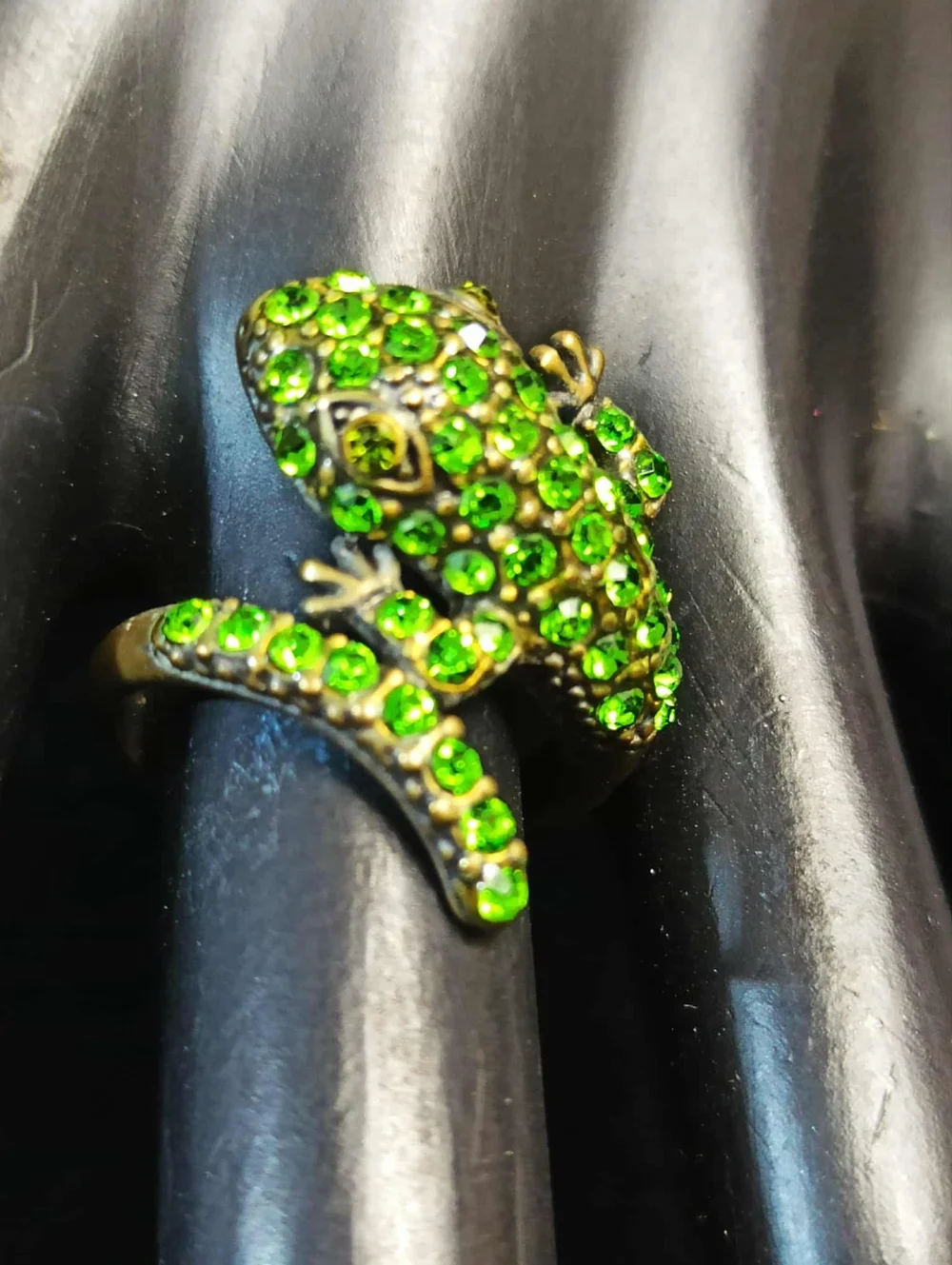 80’s Frog Wrap Ring Green Rhinestone Statement Adjustable Ring Sz.8